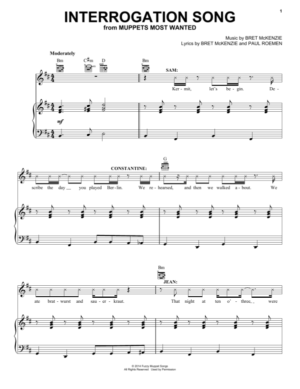 Bret McKenzie Interrogation Song (from Muppets Most Wanted) Musik Noten - Piano, Vocal & Guitar Chords - 154296-0
