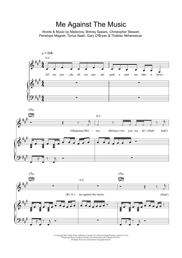 Britney Spears Me Against The Music (Remix) (featuring Madonna) Musik Noten - Piano, Vocal & Guitar Chords - 105835-0