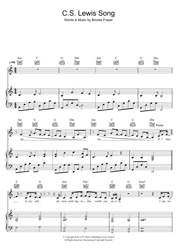 Brooke Fraser C.S. Lewis Song Musik Noten - Piano, Vocal & Guitar Chords - 39353-0