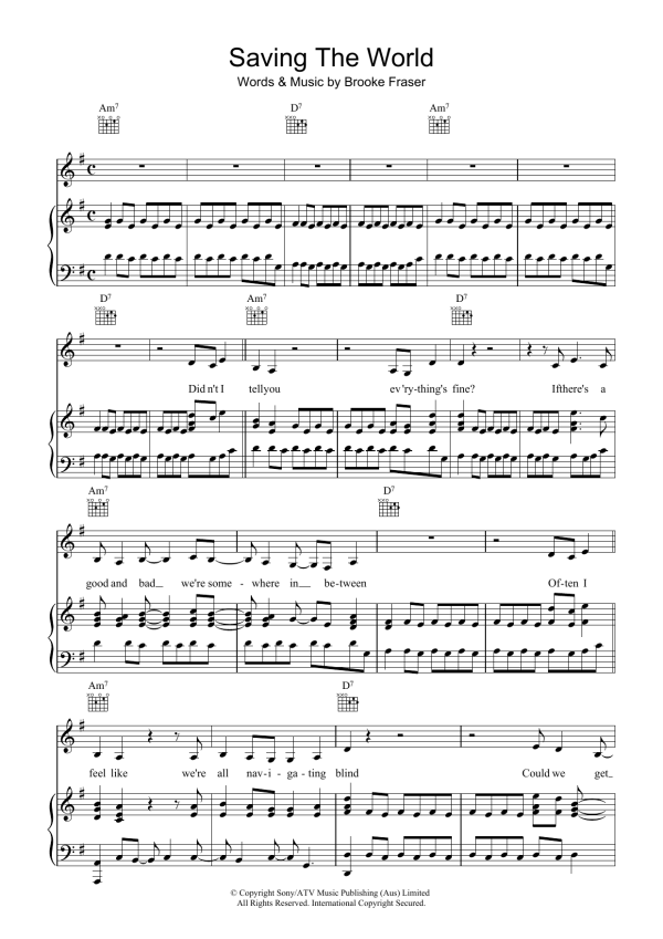 Brooke Fraser Saving The World Musik Noten - Piano, Vocal & Guitar Chords - 39472-0