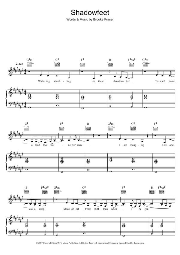 Brooke Fraser Shadowfeet Musik Noten - Piano, Vocal & Guitar Chords - 39350-0