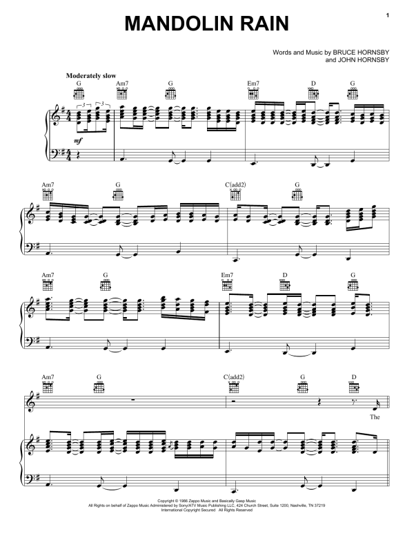 Bruce Hornsby Mandolin Rain Musik Noten - Piano, Vocal & Guitar Chords - 73378-0