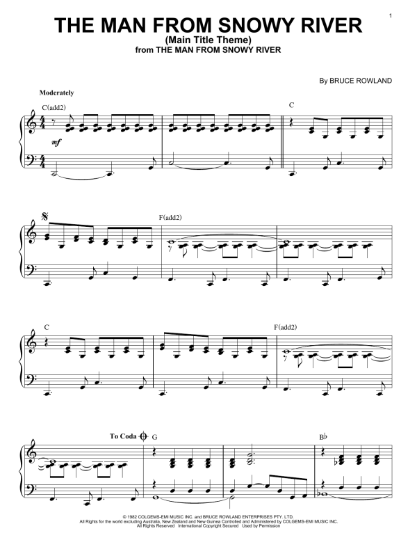 Bruce Rowland The Man From Snowy River (Main Title Theme) Musik Noten - Piano Solo - 51635-0