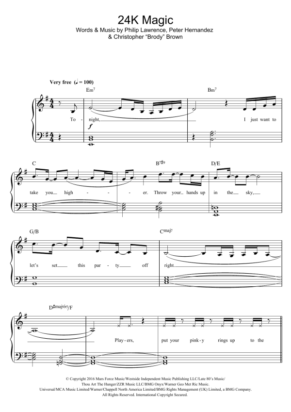Bruno Mars 24K Magic Musik Noten - Piano, Vocal & Guitar Chords - 175322-0