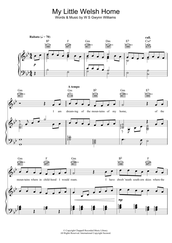 Bryn Terfel My Little Welsh Home Musik Noten - Piano, Vocal & Guitar Chords - 123757-0