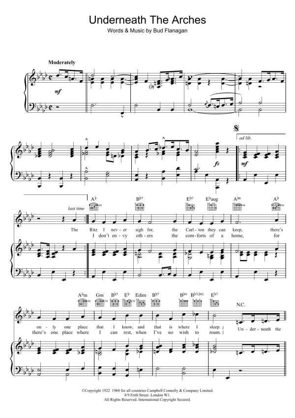 Bud Flanagan Underneath The Arches Musik Noten - Piano, Vocal & Guitar Chords - 19004-0