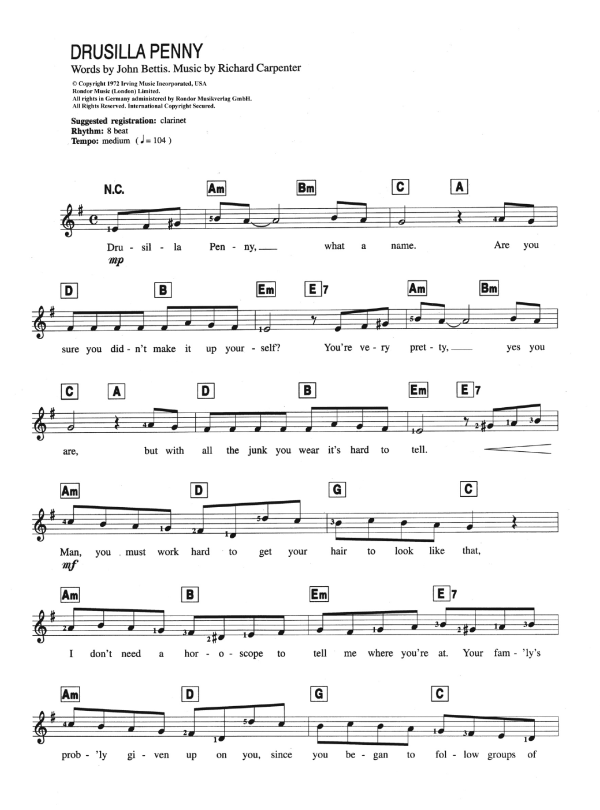 Carpenters Drusilla Penny Musik Noten - Piano Chords/Lyrics - 122526-0