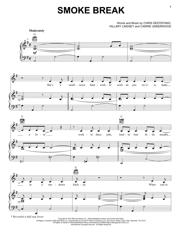 Carrie Underwood Smoke Break Musik Noten - Piano, Vocal & Guitar Chords - 161454-0