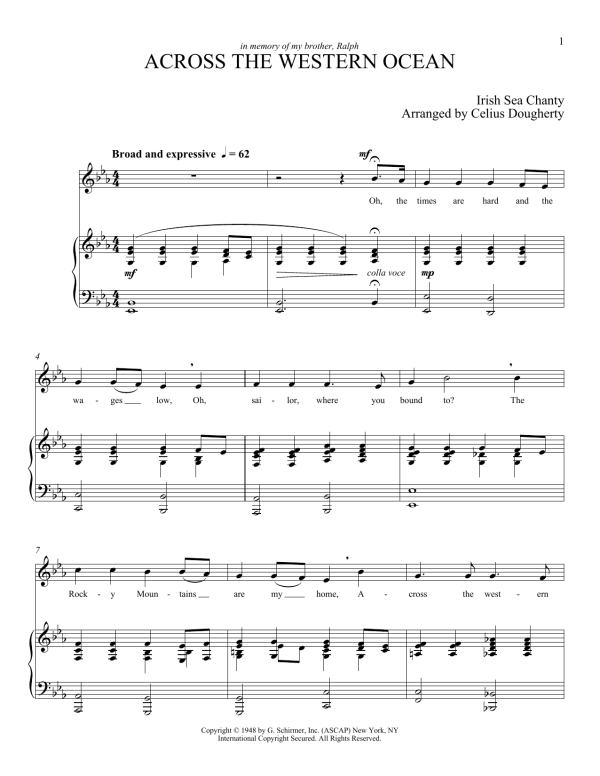 Celius Dougherty Across The Western Ocean (Five Sea Chanties, No. 3) Musik Noten - Piano & Vocal - 177818-0