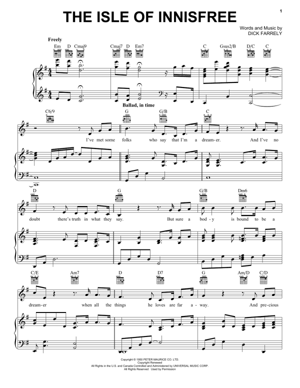 Celtic Thunder The Isle Of Innisfree Musik Noten - Piano, Vocal & Guitar Chords - 156777-0