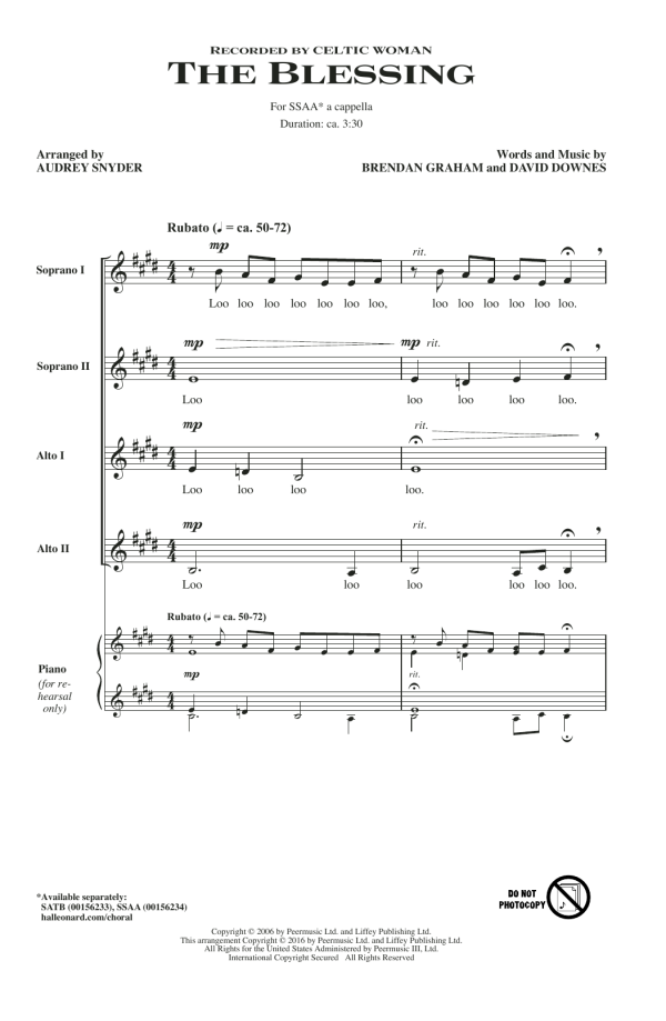 Celtic Woman The Blessing (arr. Audrey Snyder) Musik Noten - SSA Choir - 177817-0
