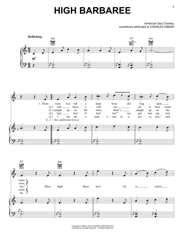 Charles Dibdin High Barbaree Musik Noten - Piano, Vocal & Guitar Chords - 88025-0