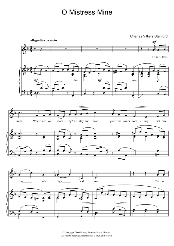 Charles Villiers Stanford O Mistress Mine Musik Noten - Piano & Vocal - 100041-0