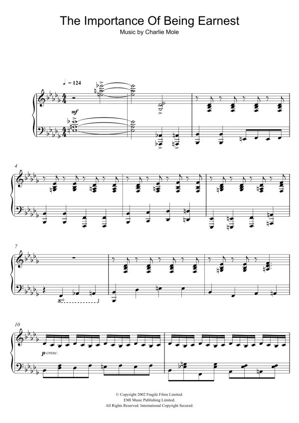 Charlie Mole The Importance Of Being Earnest (Front Titles/"Ernest After All") Musik Noten - Piano Solo - 105355-0
