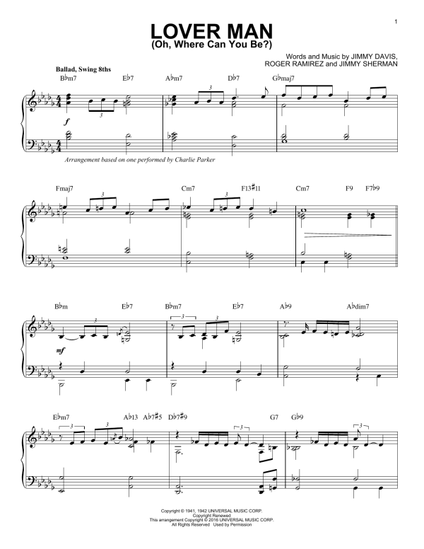 Charlie Parker Lover Man (Oh, Where Can You Be?) (arr. Brent Edstrom) Musik Noten - Piano Solo - 164649-0