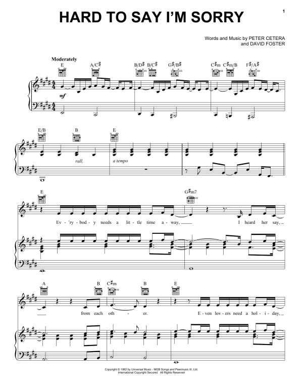 Chicago Hard To Say I'm Sorry Musik Noten - Piano, Vocal & Guitar Chords - 16370-0
