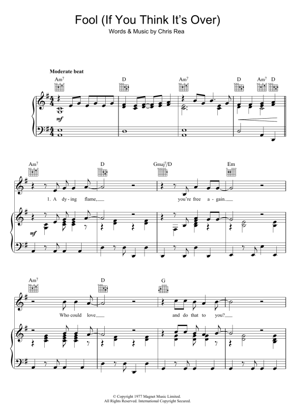 Chris Rea Fool (If You Think It's Over) Musik Noten - Piano, Vocal & Guitar Chords - 122801-0
