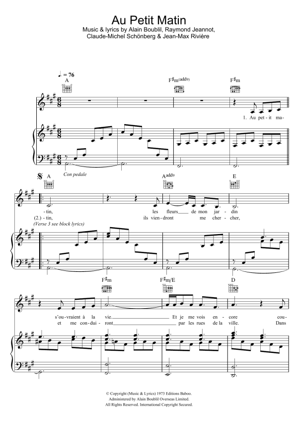 Claude-Michel Schonberg Au Petit Matin Musik Noten - Piano, Vocal & Guitar Chords - 105157-0
