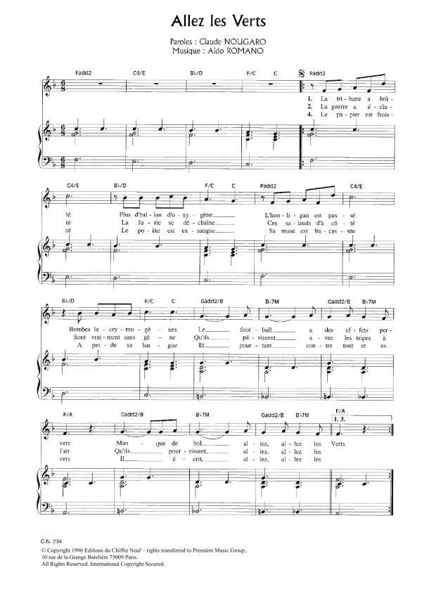 Claude Nougaro Allez Les Verts Musik Noten - Piano & Vocal - 115598-0