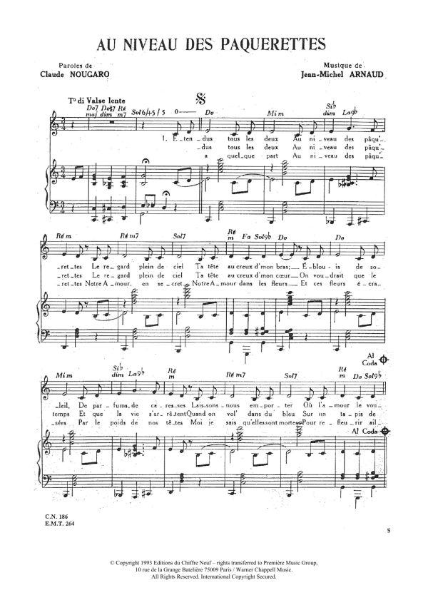 Claude Nougaro Au Niveau Des Paquerettes Musik Noten - Piano & Vocal - 115628-0