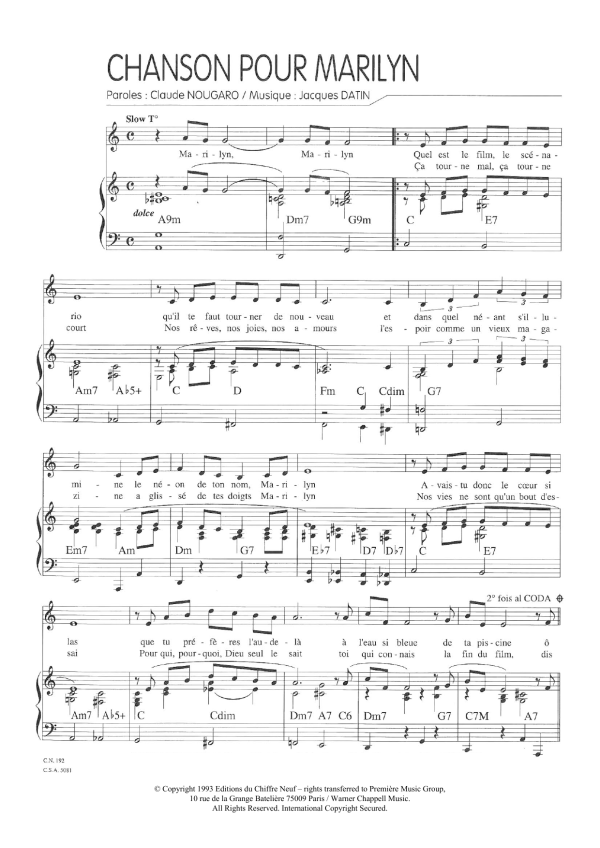 Claude Nougaro Chanson Pour Marilyn Musik Noten - Piano & Vocal - 115655-0