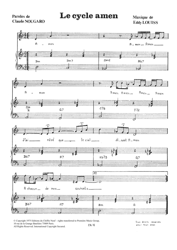 Claude Nougaro Cycle Amen Musik Noten - Piano & Vocal - 115722-0