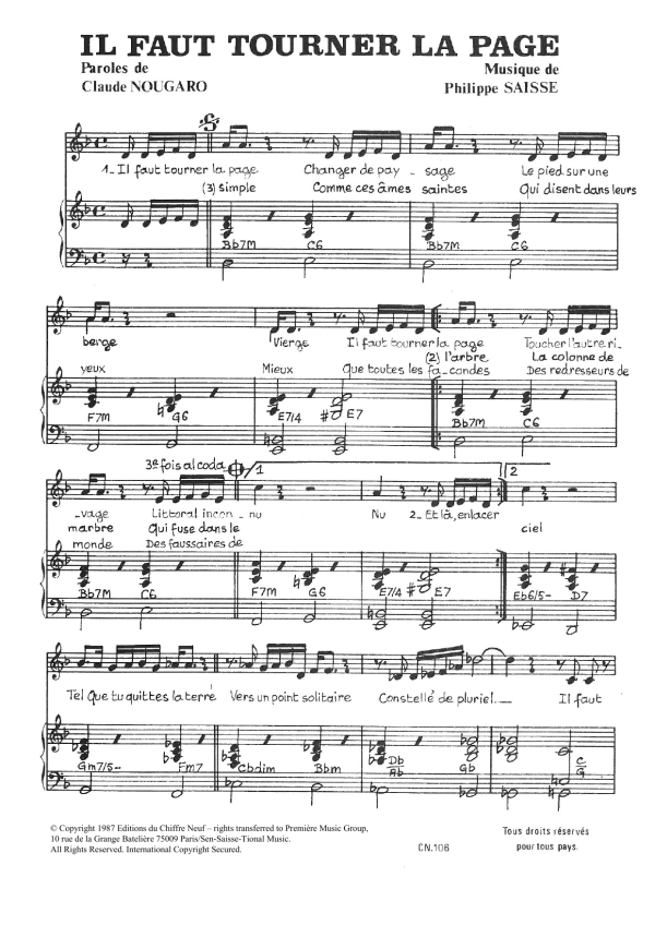 Claude Nougaro Il Faut Tourner La Page Musik Noten - Piano & Vocal - 115674-0