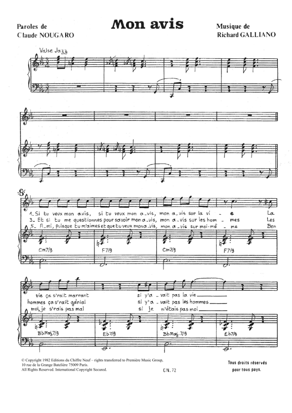 Claude Nougaro Je Ne Suis Pas De Mon Avis Musik Noten - Piano & Vocal - 115746-0