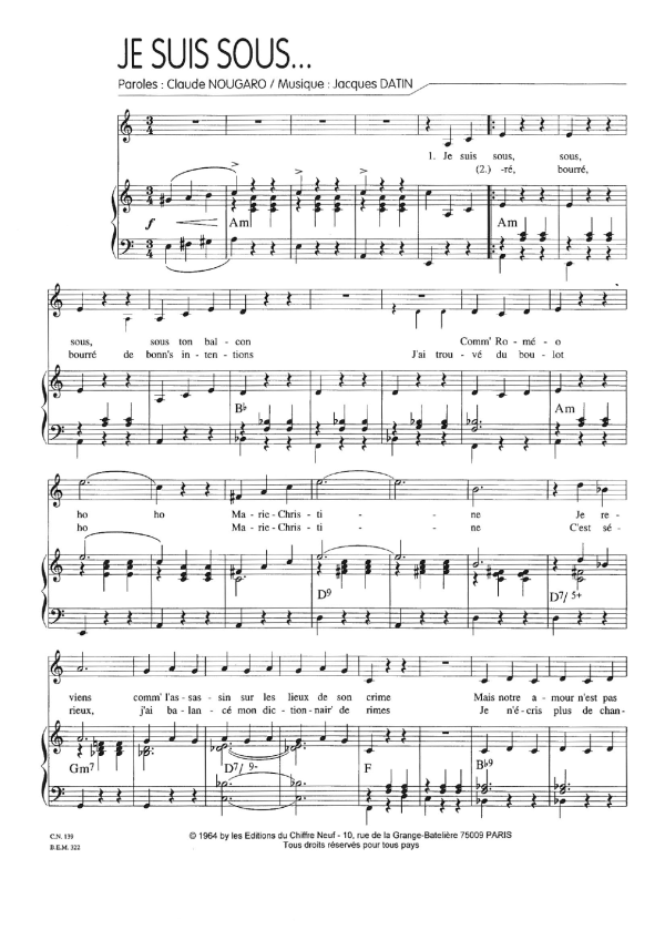Claude Nougaro Je Suis Sous Musik Noten - Piano & Vocal - 115708-0