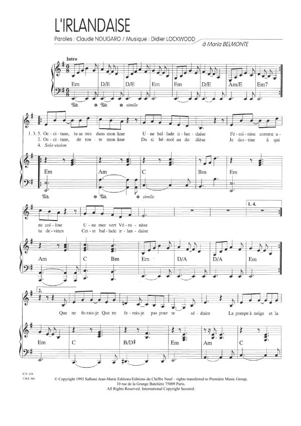 Claude Nougaro L'Irlandaise Musik Noten - Piano & Vocal - 115738-0