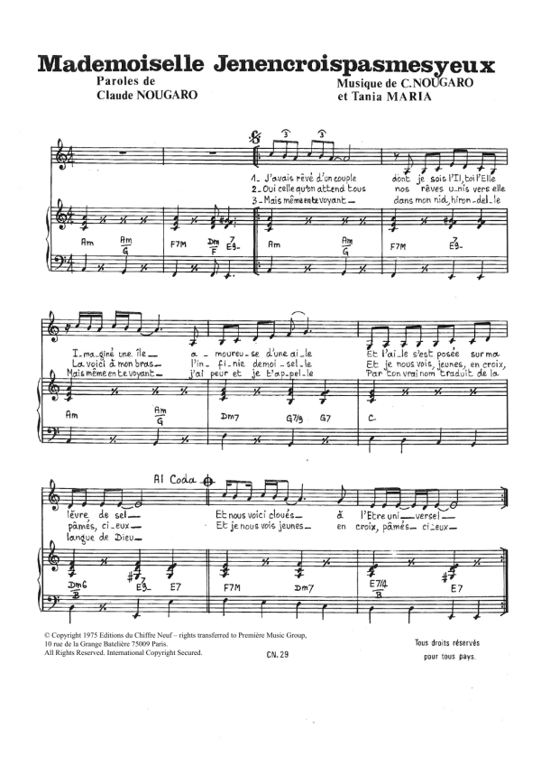Claude Nougaro Mademoiselle Je N'en Crois Pas Mes Yeux Musik Noten - Piano & Vocal - 115742-0