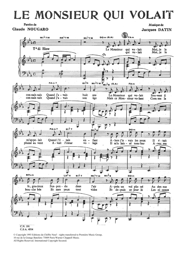 Claude Nougaro Monsieur Qui Volait Musik Noten - Piano & Vocal - 115714-0