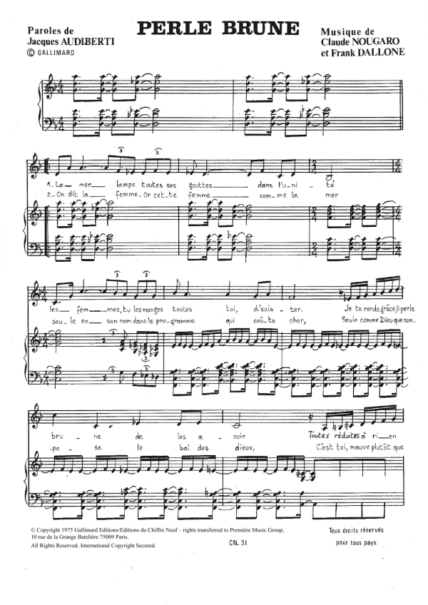 Claude Nougaro Perle Brune Musik Noten - Piano & Vocal - 115769-0