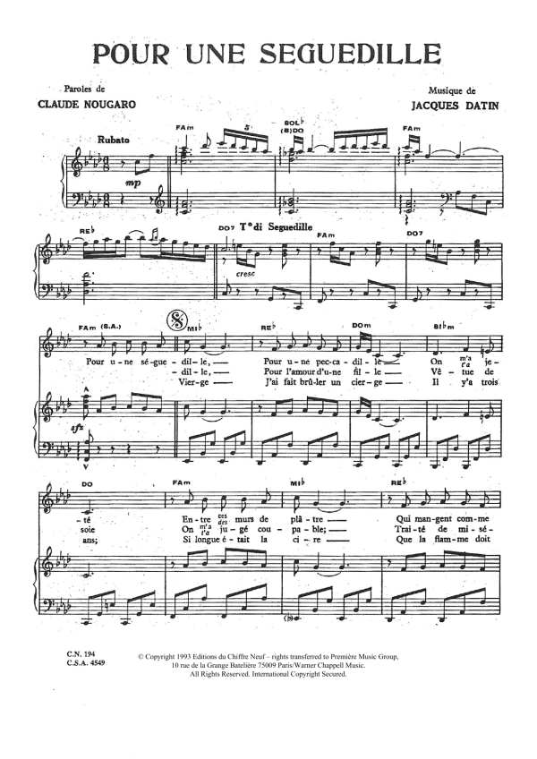 Claude Nougaro Pour Une Seguedille Musik Noten - Piano & Vocal - 115766-0