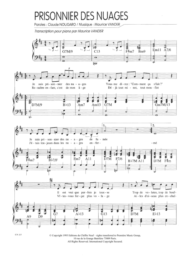 Claude Nougaro Prisonnier Des Nuages Musik Noten - Piano & Vocal - 115765-0