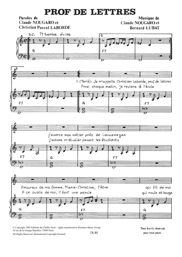 Claude Nougaro Prof De Lettres Musik Noten - Piano & Vocal - 115770-0