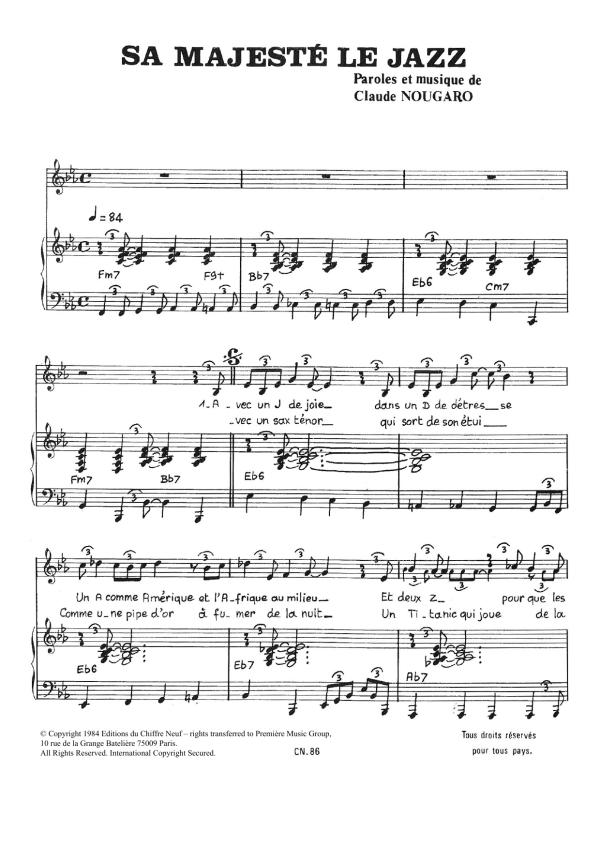 Claude Nougaro Sa Majeste Le Jazz Musik Noten - Piano & Vocal - 115799-0