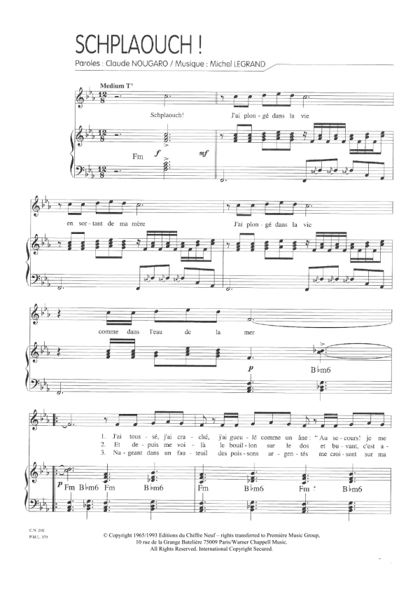 Claude Nougaro Schplaouch Musik Noten - Piano & Vocal - 115800-0