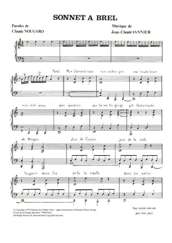 Claude Nougaro Sonnet A Brel Musik Noten - Piano & Vocal - 115804-0
