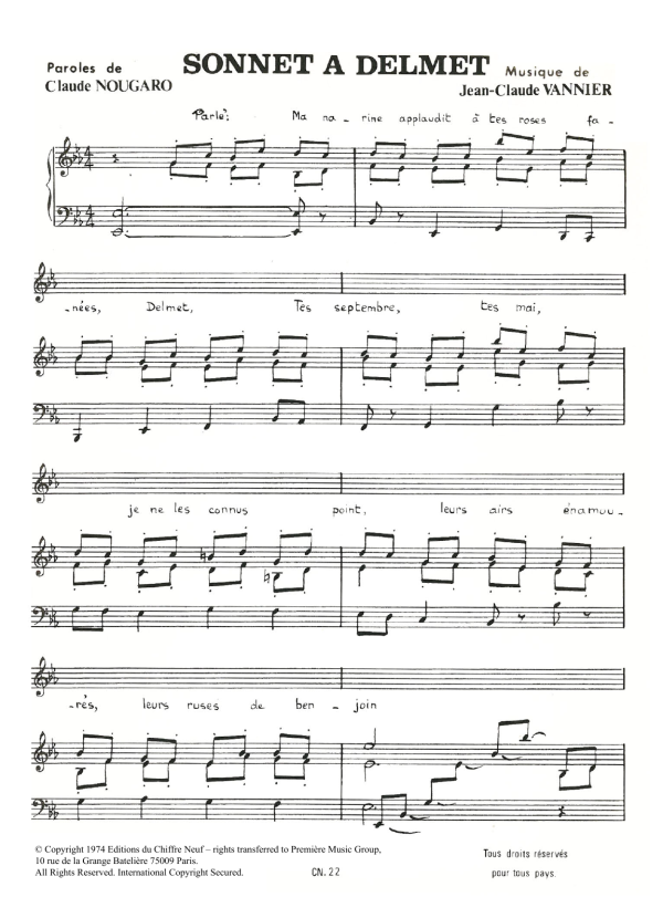 Claude Nougaro Sonnet A Delmet Musik Noten - Piano & Vocal - 115805-0