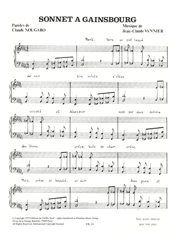 Claude Nougaro Sonnet A Gainsbourg Musik Noten - Piano & Vocal - 115806-0
