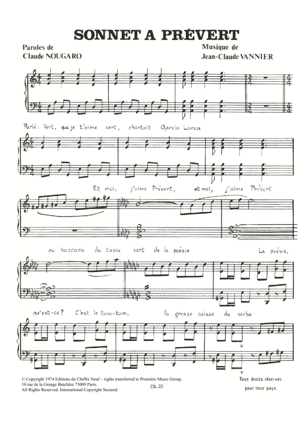 Claude Nougaro Sonnet A Prevert Musik Noten - Piano & Vocal - 115809-0