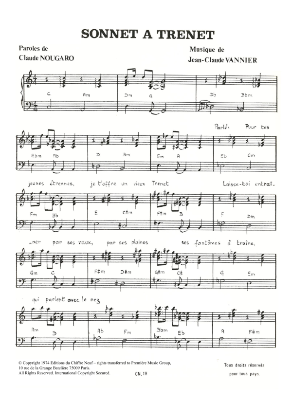 Claude Nougaro Sonnet A Trenet Musik Noten - Piano & Vocal - 115810-0
