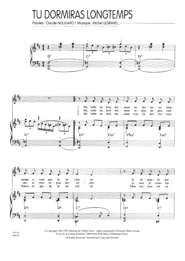 Claude Nougaro Tu Dormiras Longtemps Musik Noten - Piano & Vocal - 115816-0