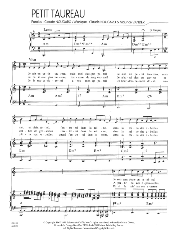 Claude Nougaro Un Petit Taureau Musik Noten - Piano & Vocal - 115768-0