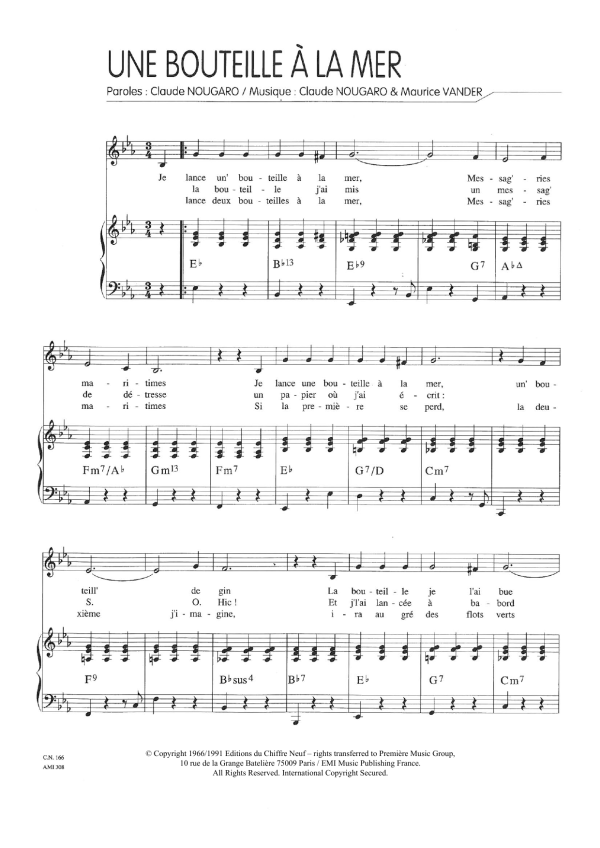 Claude Nougaro Une Bouteille A La Mer Musik Noten - Piano & Vocal - 115825-0