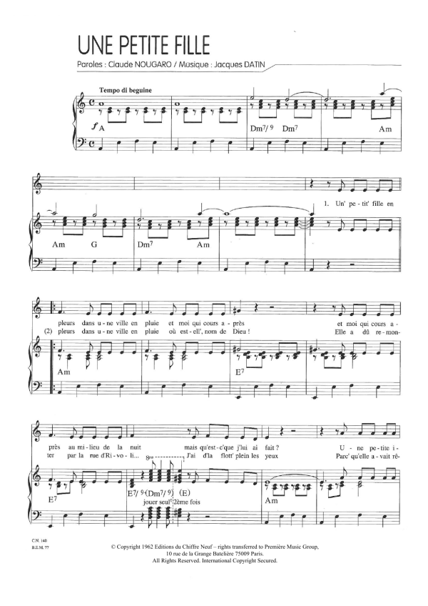Claude Nougaro Une Petite Fille Musik Noten - Piano & Vocal - 115826-0