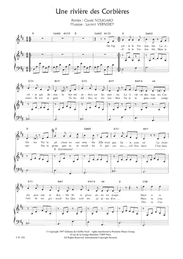 Claude Nougaro Une Riviere Des Corbieres Musik Noten - Piano & Vocal - 115827-0