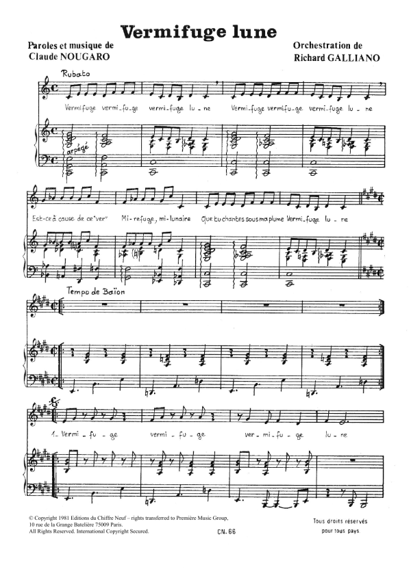 Claude Nougaro Vermifuge Lune Musik Noten - Piano & Vocal - 115829-0
