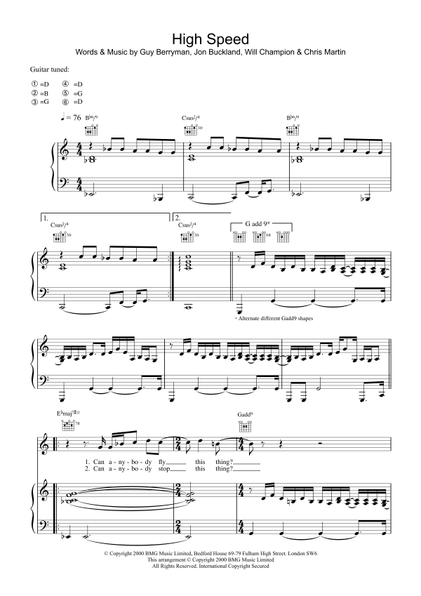 Coldplay High Speed Musik Noten - Piano, Vocal & Guitar Chords - 17681-0